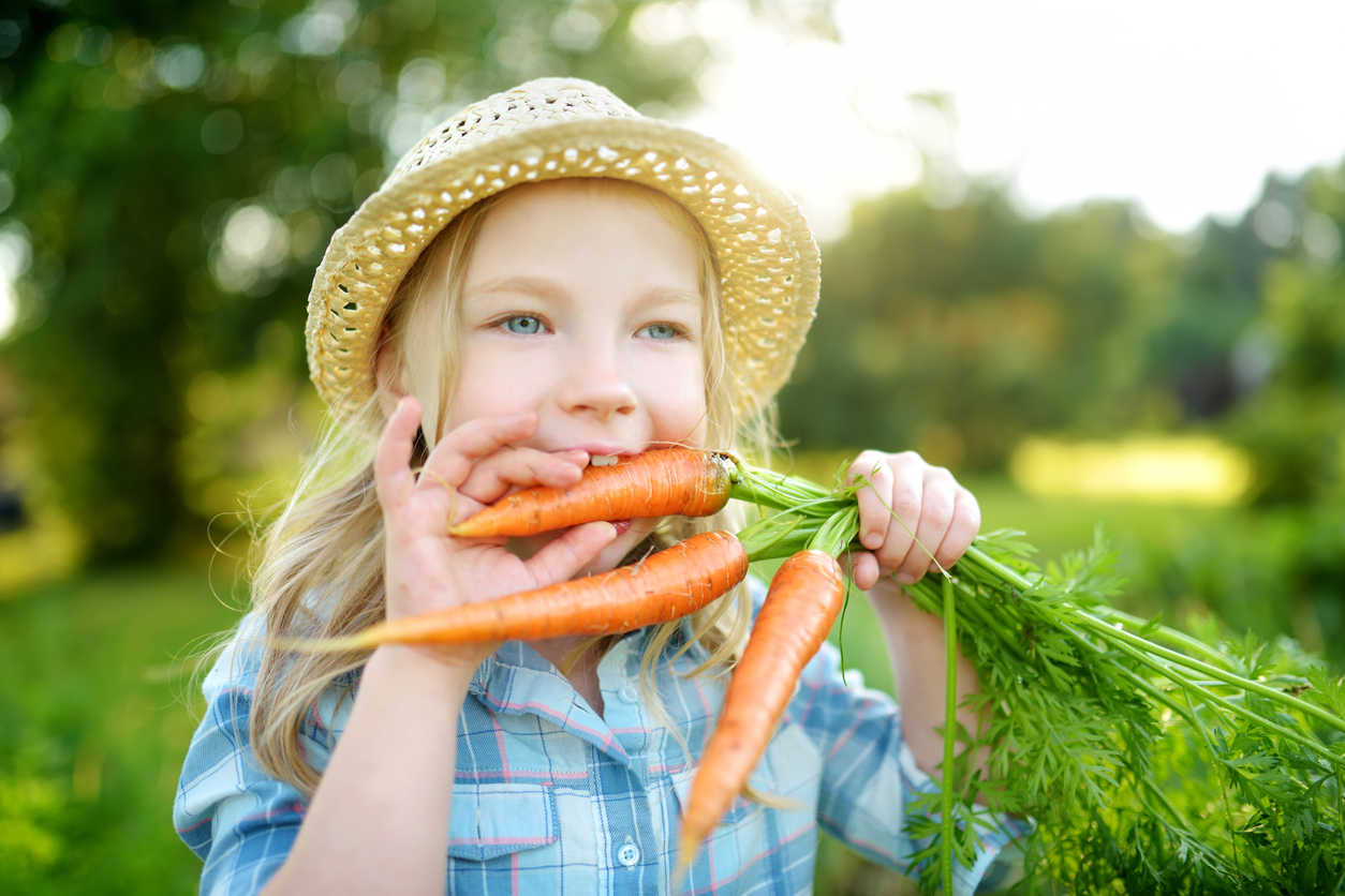 Jeune fille qui mange des carottes en été